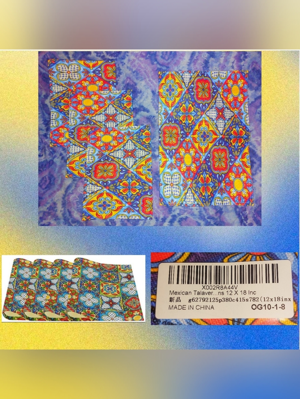4Pc Rectangular Multicolor Mexican Tile Geometric Print Placemats Sz 12in X 18in